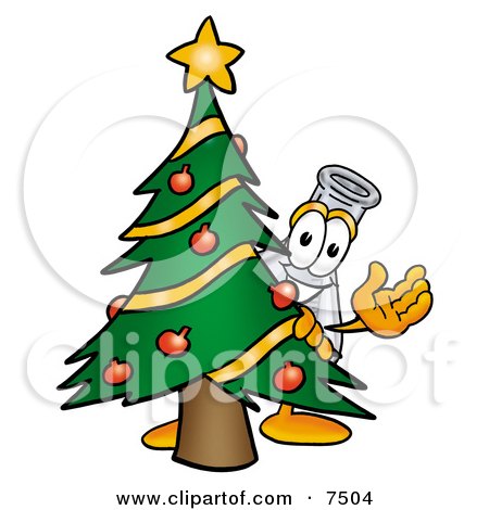 Clipart Picture of an Erlenmeyer Conical Laboratory Flask Beaker Mascot Cartoon Character Waving and Standing by a Decorated Christmas Tree by Mascot Junction
