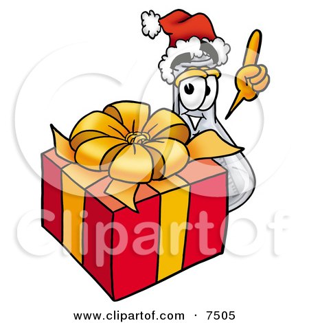 Clipart Picture of an Erlenmeyer Conical Laboratory Flask Beaker Mascot Cartoon Character Standing by a Christmas Present by Mascot Junction
