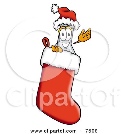 Clipart Picture of an Erlenmeyer Conical Laboratory Flask Beaker Mascot Cartoon Character Wearing a Santa Hat Inside a Red Christmas Stocking by Mascot Junction