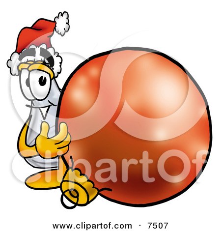 Clipart Picture of an Erlenmeyer Conical Laboratory Flask Beaker Mascot Cartoon Character Wearing a Santa Hat, Standing With a Christmas Bauble by Mascot Junction