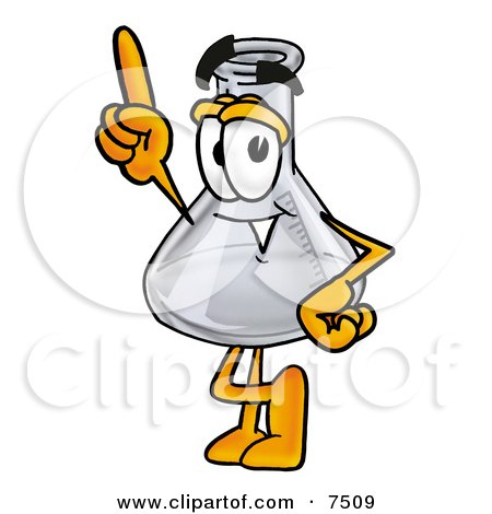 Clipart Picture of an Erlenmeyer Conical Laboratory Flask Beaker Mascot Cartoon Character Pointing Upwards by Mascot Junction