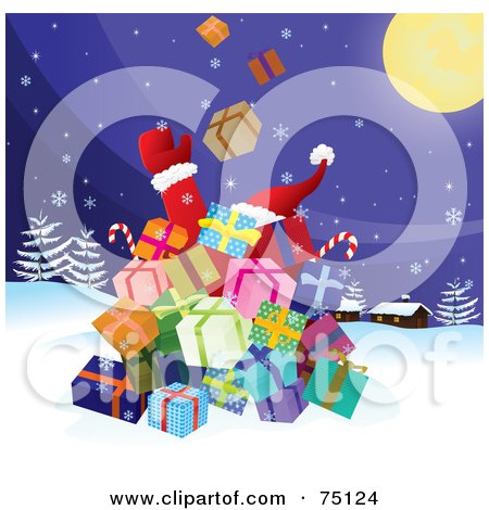 Royalty-Free (RF) Clipart Illustration of Santa Behind A Stack Of Christmas Presents, Tossing Them Into The Sky On Christmas Eve by Paulo Resende