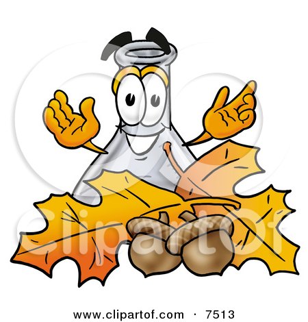 Clipart Picture of an Erlenmeyer Conical Laboratory Flask Beaker Mascot Cartoon Character With Autumn Leaves and Acorns in the Fall by Mascot Junction