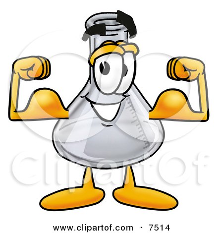 Clipart Picture of an Erlenmeyer Conical Laboratory Flask Beaker Mascot Cartoon Character Flexing His Arm Muscles by Mascot Junction