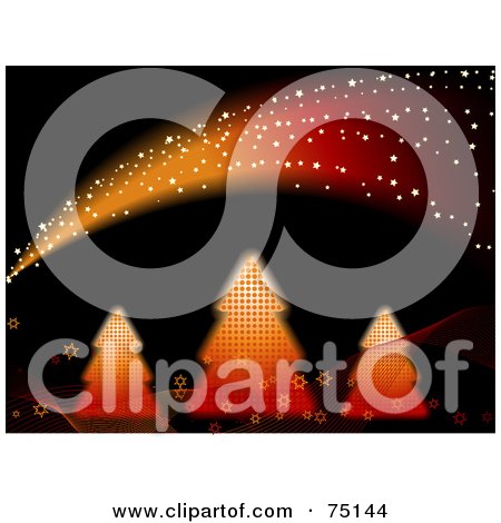 Royalty-Free (RF) Clipart Illustration Of A Shooting Star Passing Over Three Christmas Trees On Black by elaineitalia