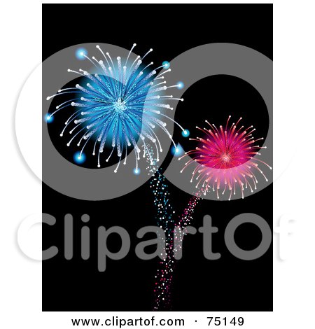 Royalty-Free (RF) Clipart Illustration Of Shooting And Exploding Blue And Pink Fireworks On Black by elaineitalia