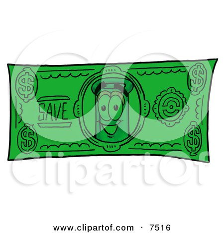 Clipart Picture of an Erlenmeyer Conical Laboratory Flask Beaker Mascot Cartoon Character on a Dollar Bill by Mascot Junction
