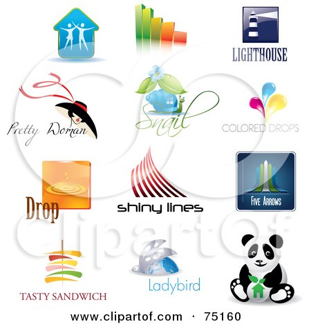Royalty-Free (RF) Clipart Illustration of a Digital Collage Of Couple, Bar Graph, Lighthouse, Fashion, Snail, Color, Droplets, Lines, Arrows, Sandwich, Ladybug And Panda Icon Logos by Eugene