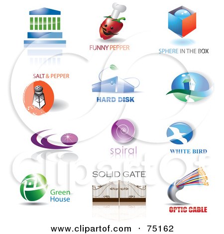 Royalty-Free (RF) Clipart Illustration of a Digital Collage Of Building, Pepper, Box, Salt, House, Spiral, Bird, Gate And Optic Icon Logos by Eugene