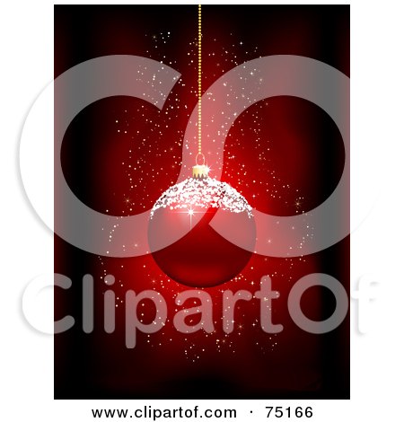 Royalty-Free (RF) Clipart Illustration of a Red Christmas Bauble With Snow On The Top, Over A Red Background by KJ Pargeter