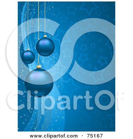Royalty-Free (RF) Clipart Illustration of Three Blue Christmas Baubles Hanging Over A Background Of Waves And Stars by KJ Pargeter