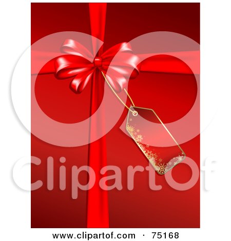 Royalty-Free (RF) Clipart Illustration of a Red Christmas Background With A Red Bow, Ribbons And Tag by KJ Pargeter