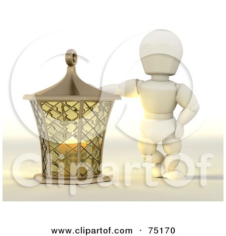 Royalty-Free (RF) Clipart Illustration of a 3d White Character Leaning On A Golden Candle Lantern by KJ Pargeter