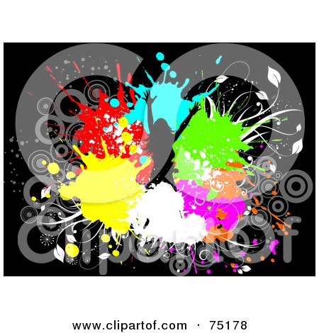 Royalty-Free (RF) Clipart Illustration of a Silhouetted Happy Girl In A Circle Of Colorful Splatters On Black by KJ Pargeter