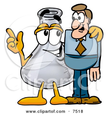 Clipart Picture of an Erlenmeyer Conical Laboratory Flask Beaker Mascot Cartoon Character Talking to a Business Man by Mascot Junction