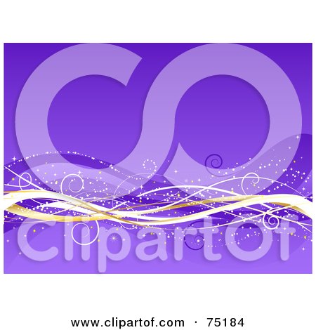 Royalty-Free (RF) Clipart Illustration of a Purple Christmas Background With Snow And Sparkly Waves by KJ Pargeter