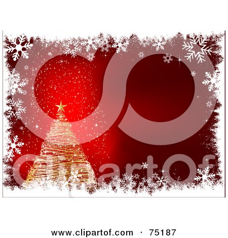 Royalty-Free (RF) Clipart Illustration of a Gold Sparkly Christmas Tree Over Red, With White Snowflake Grunge Borders by KJ Pargeter