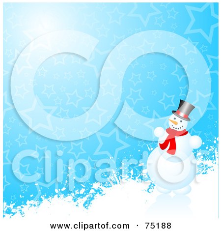 Royalty-Free (RF) Clip Art Illustration of a Blue Starry Background With A Snowman On A Hill by KJ Pargeter