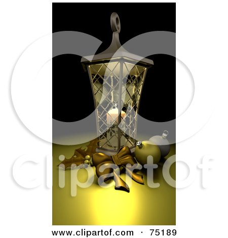 Royalty-Free (RF) Clipart Illustration of a Candle Illuminating A Lantern, Holly And Gold Ornaments by KJ Pargeter