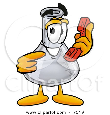Clipart Picture of an Erlenmeyer Conical Laboratory Flask Beaker Mascot Cartoon Character Holding a Telephone by Mascot Junction