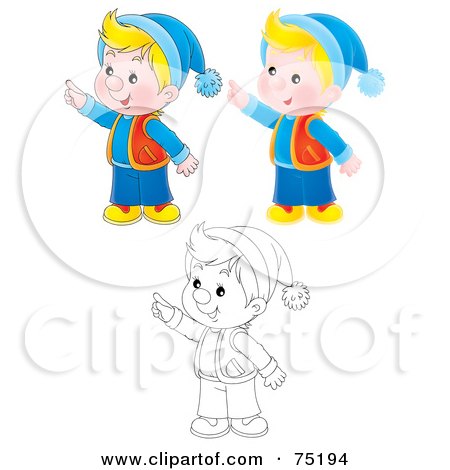 Royalty-Free (RF) Clipart Illustration of a Digital Collage Of Three Outline, Airbrushed And Colored Winter Boys Pointing by Alex Bannykh