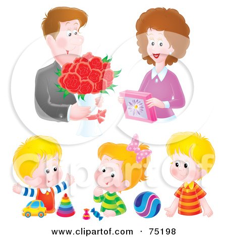 Royalty-Free (RF) Clipart Illustration of a Digital Collage Of A Husband Giving His Wife Flowers And Their Three Kids Playing by Alex Bannykh