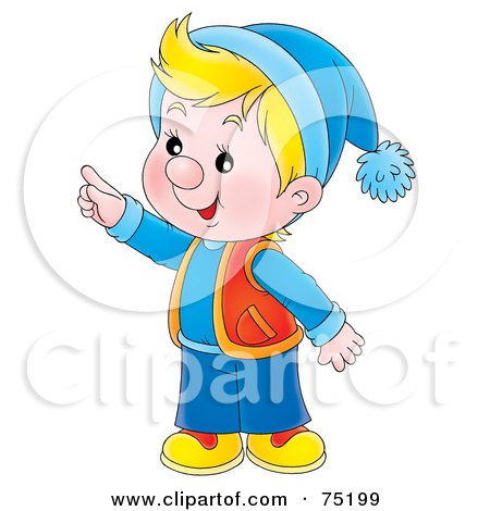 Royalty-Free (RF) Clipart Illustration of a Little Winter Boy Wearing A Hat And Pointing by Alex Bannykh