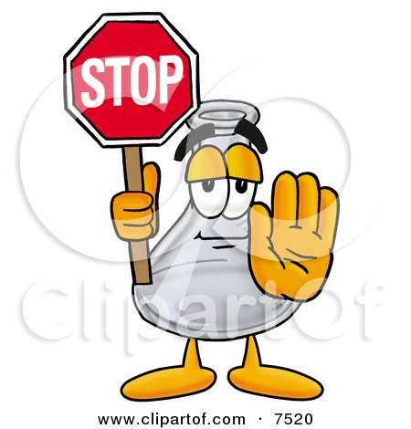 Clipart Picture of an Erlenmeyer Conical Laboratory Flask Beaker Mascot Cartoon Character Holding a Stop Sign by Mascot Junction