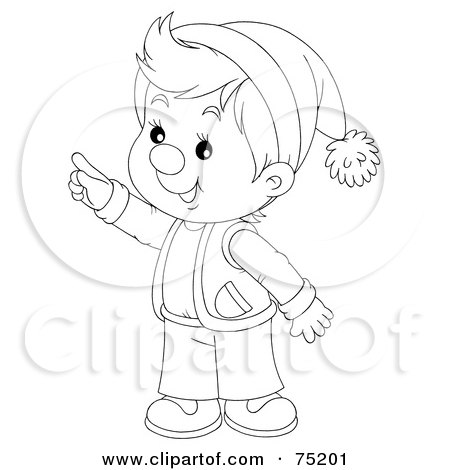 Royalty-Free (RF) Clipart Illustration of a Black And White Outline Of A Little Winter Boy Wearing A Hat And Pointing by Alex Bannykh