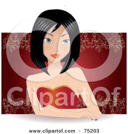 Royalty-Free (RF) Clipart Illustration of a Beautiful Asian Woman In A Red Dress, Seated At A Table In Front Of Red Wallpaper by Melisende Vector