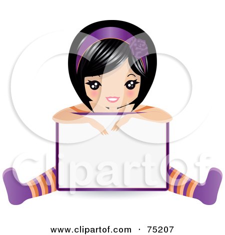 Royalty-Free (RF) Clipart Illustration of a Pretty Asian Girl Leaning Over A Blank Sign by Melisende Vector