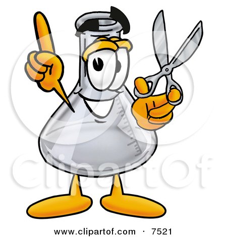 Clipart Picture of an Erlenmeyer Conical Laboratory Flask Beaker Mascot Cartoon Character Holding a Pair of Scissors by Mascot Junction