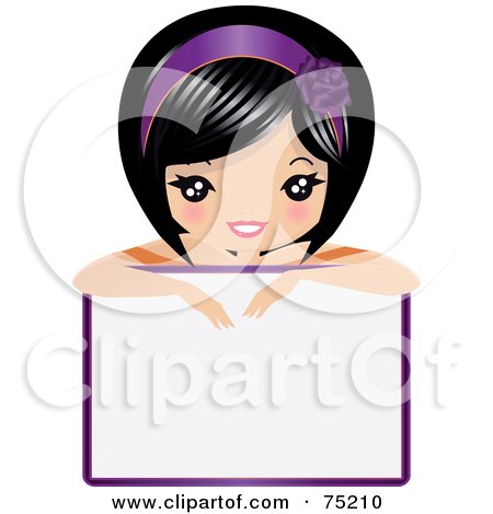 Royalty-Free (RF) Clipart Illustration of a Pretty Asian Girl Resting On Top Of A Blank Sign by Melisende Vector