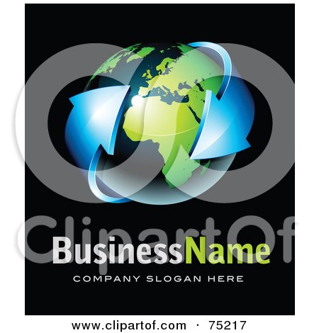 Royalty-Free (RF) Clipart Illustration of a Pre-Made Business Logo Of Blue Arrows Around A Shiny Navy Bue And Green Globe by beboy