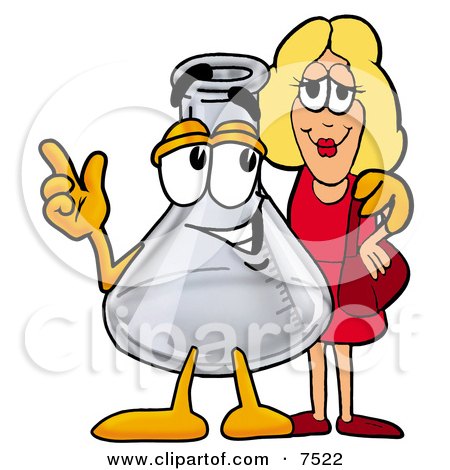 Clipart Picture of an Erlenmeyer Conical Laboratory Flask Beaker Mascot Cartoon Character Talking to a Pretty Blond Woman by Mascot Junction