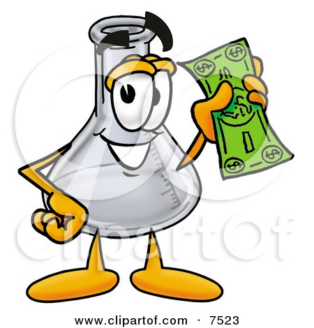 Clipart Picture of an Erlenmeyer Conical Laboratory Flask Beaker Mascot Cartoon Character Holding a Dollar Bill by Mascot Junction
