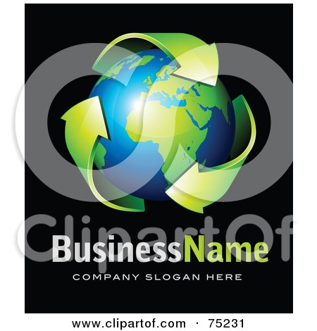 Royalty-Free (RF) Clipart Illustration of a Pre-Made Business Logo Of Green Recycle Arrows Around A Shiny Navy Bue And Green Globe by beboy