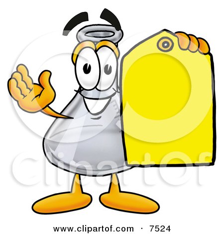 Clipart Picture of an Erlenmeyer Conical Laboratory Flask Beaker Mascot Cartoon Character Holding a Yellow Sales Price Tag by Mascot Junction