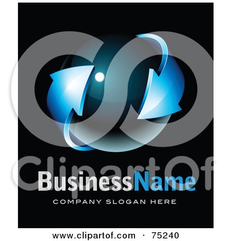 Royalty-Free (RF) Clipart Illustration Of A Pre-Made Business Logo Of A Blue Arrow Around A Dark Orb On Black by beboy