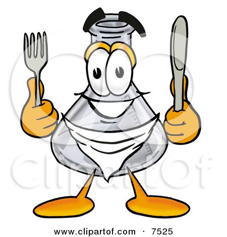 Clipart Picture of an Erlenmeyer Conical Laboratory Flask Beaker Mascot Cartoon Character Holding a Knife and Fork by Mascot Junction