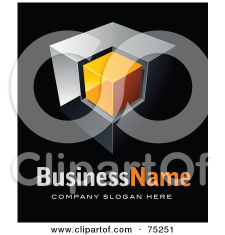 Royalty-Free (RF) Clipart Illustration of a Pre-Made Business Logo Of A Chrome And Orange Cube On Black by beboy