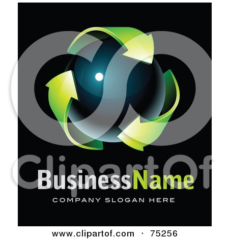 Royalty-Free (RF) Clipart Illustration Of A Pre-Made Business Logo Of Green Recycle Arrows Around A Dark Orb On Black by beboy