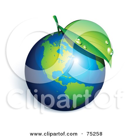 Royalty-Free (RF) Clipart Illustration Of A Dewy Green Leaf On Top Of A 3d Shiny Earth by beboy