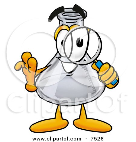 Clipart Picture of an Erlenmeyer Conical Laboratory Flask Beaker Mascot Cartoon Character Looking Through a Magnifying Glass by Mascot Junction