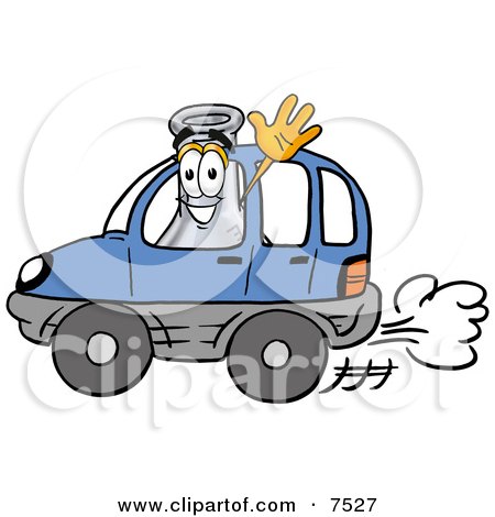 Clipart Picture of an Erlenmeyer Conical Laboratory Flask Beaker Mascot Cartoon Character Driving a Blue Car and Waving by Mascot Junction