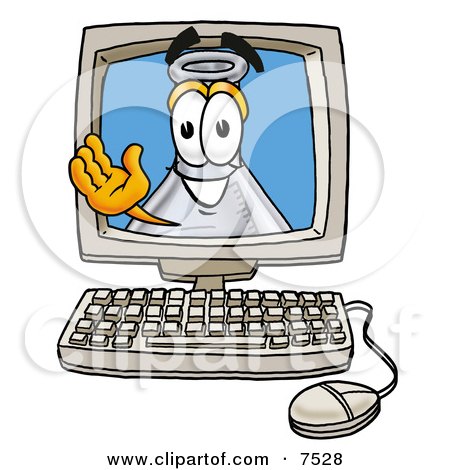 Clipart Picture of an Erlenmeyer Conical Laboratory Flask Beaker Mascot Cartoon Character Waving From Inside a Computer Screen by Mascot Junction