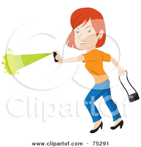 Royalty-Free (RF) Clipart Illustration of a Tough Red Haired Caucasian Woman Defending Herself With Pepper Spray by Rosie Piter