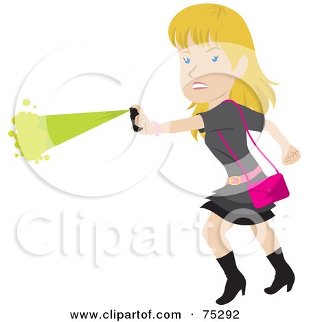 Royalty-Free (RF) Clipart Illustration of a Tough Blond Caucasian Woman Defending Herself With Pepper Spray by Rosie Piter