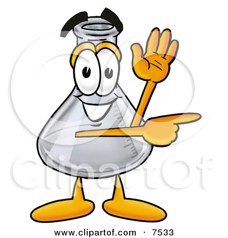 Clipart Picture of an Erlenmeyer Conical Laboratory Flask Beaker Mascot Cartoon Character Waving and Pointing by Mascot Junction