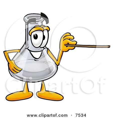 Clipart Picture of an Erlenmeyer Conical Laboratory Flask Beaker Mascot Cartoon Character Holding a Pointer Stick by Mascot Junction